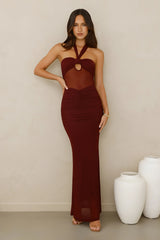 Irresistible Style Mesh Halter Maxi Dress Burgundy