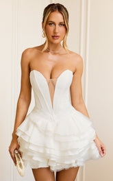 Shirley Mini Dress - Plunge Tulle Skirt Dress in Off White