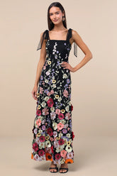 Thriving Poise Black 3D Floral Embroidered Tie-Strap Maxi Dress