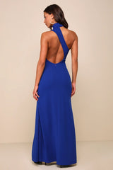 Keep It Interesting Cobalt Asymmetrical Cutout Halter Maxi Dress