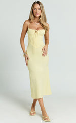Linen Scoop Neck Ruched Bust Corset Waist Bias Skirt Dress in Lemon