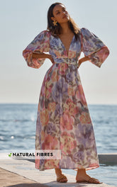 Amalie The Label - Lily Linen Blend V Neck Long Puff Sleeve Tie Back Maxi Dress in Montreuil Print