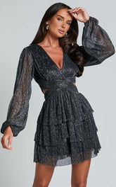 Elaine Mini Dress - Long Sleeve Tiered Plisse Dress in Gunmetal