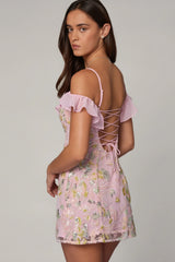 Embellished Lace-Up A-Line Mini Dress in Soft Pink