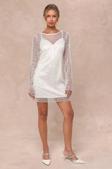 Glowing Charisma White Sequin Pearl Mesh Long Sleeve Mini Dress