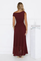 Effortless Story Off Shoulder Mesh Midi Dress Wine