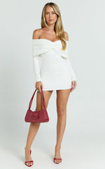 Rani Mini Dress - Off Shoulder Long Sleeve Bodycon Dress in Off White
