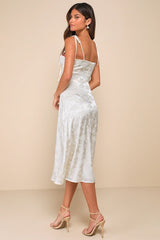 Ethereal Muse Cream Satin Jacquard Embroidered Midi Dress