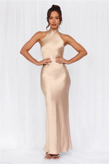 The Cleo Halter Satin Maxi Dress Champagne