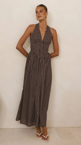Polka Dot Print Halter Neck Fitted Waist Holiday Maxi Dress