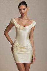 Off-Shoulder Draped Mini Dress in Ivory
