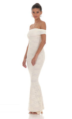 Off Shoulder Sheer Lace Maxi Dress in Cream