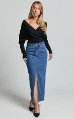 Kira Midi Skirt - Front Split Denim Skirt in Dark Blue Wash