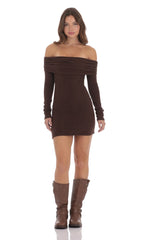 Ribbed Off Shoulder Open Back Dress in Brown