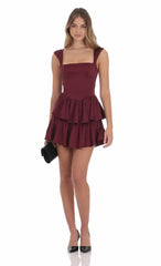 Wide Strap Ruffle Dress in Burgundy