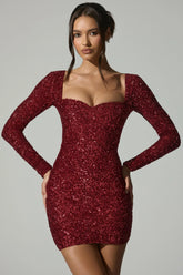 Embellished Sweetheart-Neck Mini Dress in Red