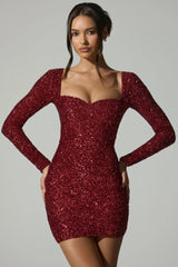 Embellished Sweetheart-Neck Mini Dress in Red