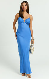Regine Maxi Dress - Satin Slip Dress with Key Hole Front in Blue