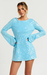 Bertina Mini Dress - Sequin Scoop Neck Low Back Dress in Blue