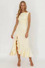 Moonlit Magic Asymmetric Neckline Satin Ruffle Dress Butter
