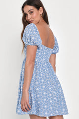 Fit to Frolic Blue Eyelet Lace Puff Sleeve Babydoll Dress