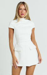 High Neck Cap Sleeve Tulip Skirt Dress in White