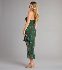 Romance In Bloom Floral Ruffle Slit Midi Dress