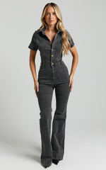 Silvena Jumpsuit - Short Sleeve Flared Denim Jumpsuit in Black Wash