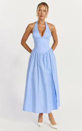 Plunge Fit And Flare Dress in Cornflower Blue