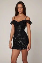 Embellished Lace-Up A-Line Mini Dress in Black