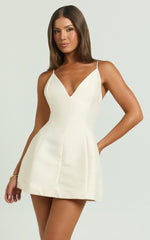 Sheeran Mini Dress - Plunge A Line Dress in Cream
