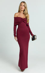 Rani Maxi Dress - Off Shoulder Long Sleeve Bodycon Dress in Wine