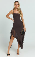 Constantina Midi Dress - Asymmetric Ruffle Tie Back Dress in Dark Chocolate