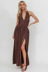 Italia Azure Gathered Waist Maxi Dress Shimmer Chocolate