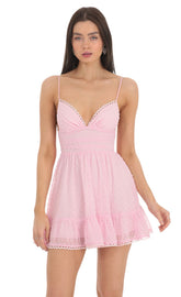 Dotted V-Neck A-line Dress in Pink
