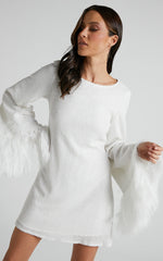 Rowella Mini Dress - Faux Feather Bell Sleeve Dress in White