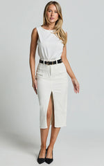 Janeve Midi Skirt - Front Split Denim Skirt in Ecru