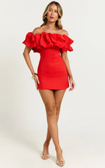 Coraline Mini Dress - Ruffle Off Shoulder Fitted Dress in Red