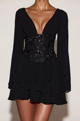 Embellished Corset A-line Mini Dress in Black