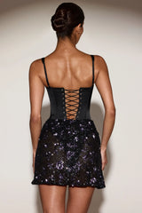 Embellished Draped Skirt Mini Dress in Black Purple