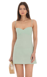 Dotted Sweetheart Neck Babydoll Dress in Sage