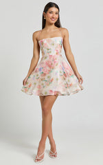 Odessa Mini Dress - Straight Neck Backless Tie Back Shift Dress in Pink Jacquard