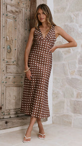 Daphne Maxi Dress - Brown Polka