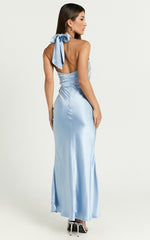 Rhianne Midi Dress - Twist Halter Neck Open Back Satin Dress in Light Blue