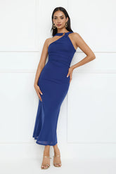 Nightlife Chic One Shoulder Mesh Midi Dress Blue