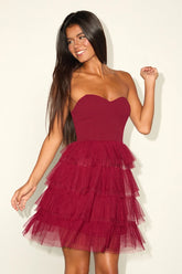 Fabulous Thoughts Wine Red Tulle Strapless Tiered Mini Dress