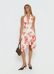 Loreza Halter Asymmetrical Midi Dress Cream Floral