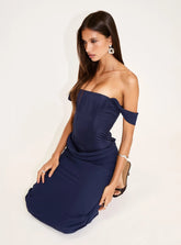 Joslyne Off Shoulder Corset Maxi Dress Navy