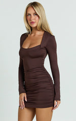 复制Wide Neckline Ruched Jersey Dress in Brown