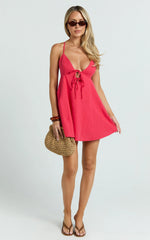 V Neck Bow Front Baby Doll Mini Dress in Red
